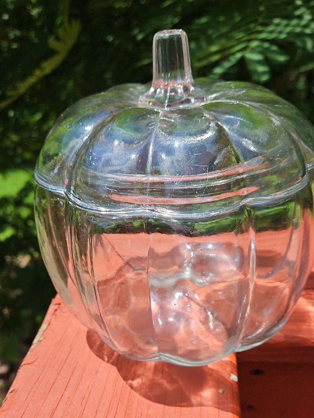 Vintage Anchor Hocking 70 Oz Clear Pumpkin Glass Candy Jar with Lid 8"